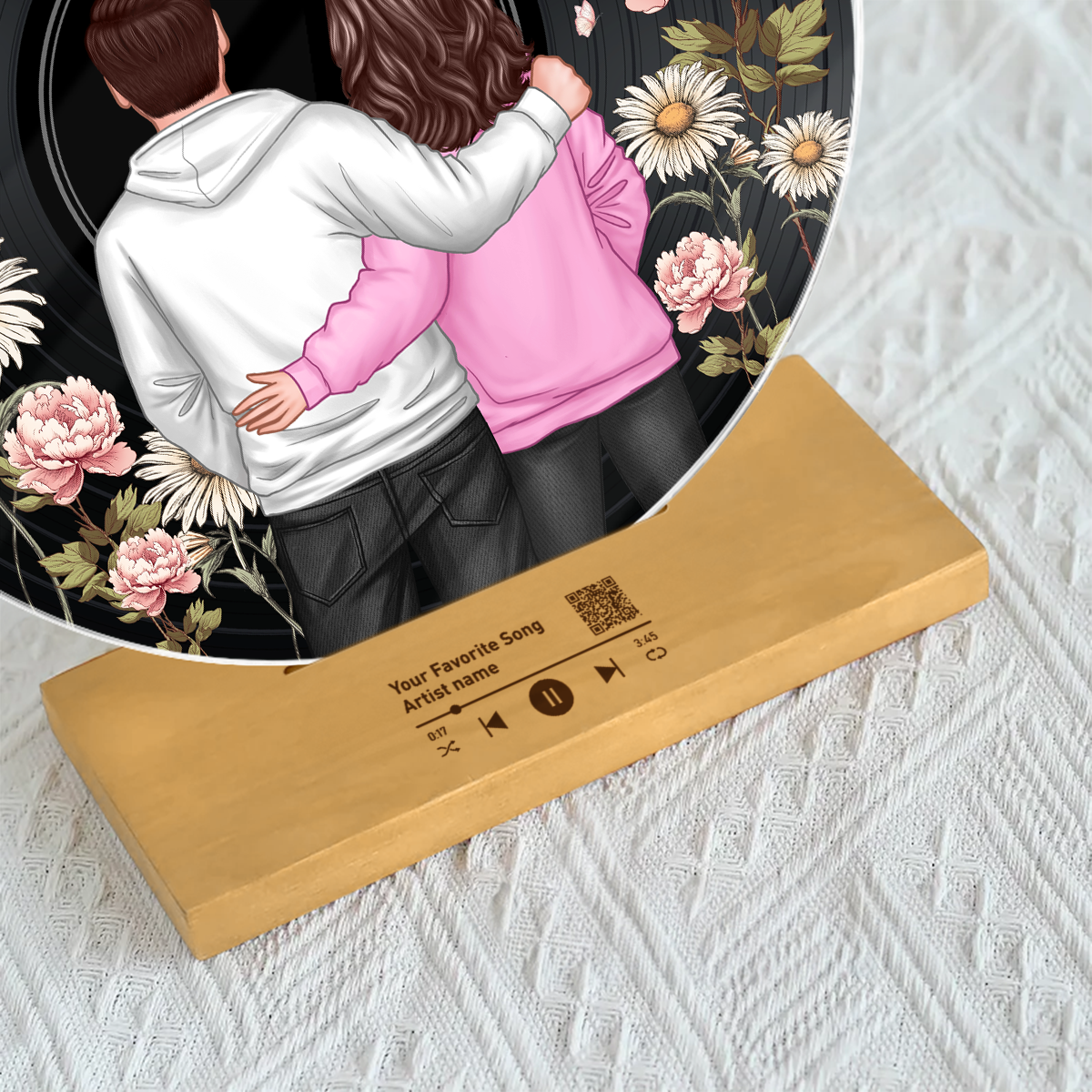 Back View Couple Birth Month Flower Custom Vinyl Record Acrylic Song Plaque, Scannable QR Code, Personalized Birthday, Anniversary Gift for her and for him