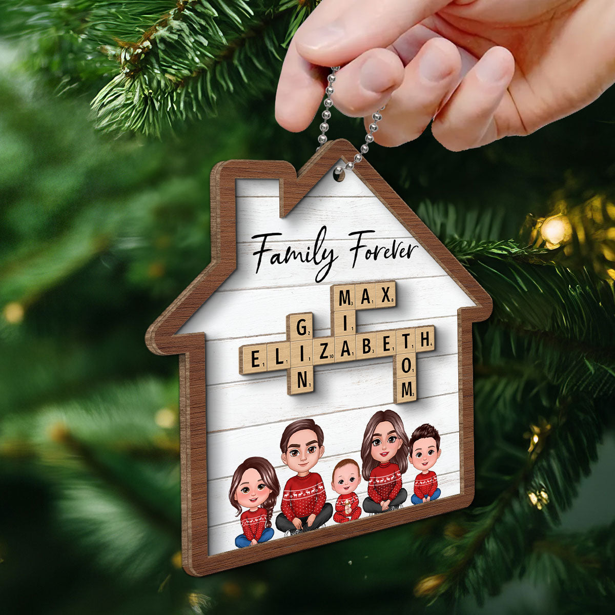 Family Sitting Together Crossword Puzzle Art Personalized House Shaped 2-Layer Wooden Ornament