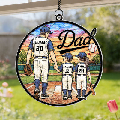 Baseball Dad & Kids 2D Flat - Personalized Suncatcher Ornament - Father's Day Gift For Baseball Dad