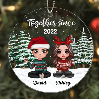 Doll Couple Sitting In Christmas Tree Forest Personalized Acrylic Ornament