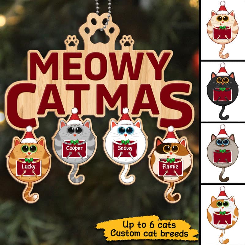Meowy Catmas Round Fluffy Cat Personalized Christmas Wooden Ornament