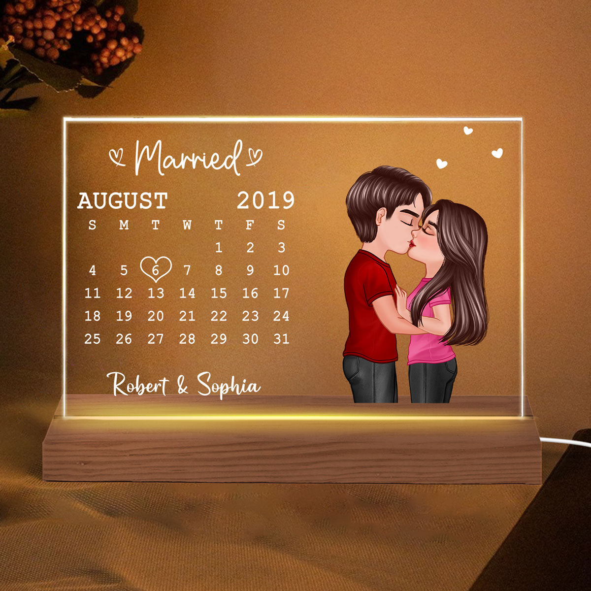 Doll Couple Kissing Anniversary Date Gift For Him For Her Personalized Custom Shape Acrylic Plaque LED Night Light