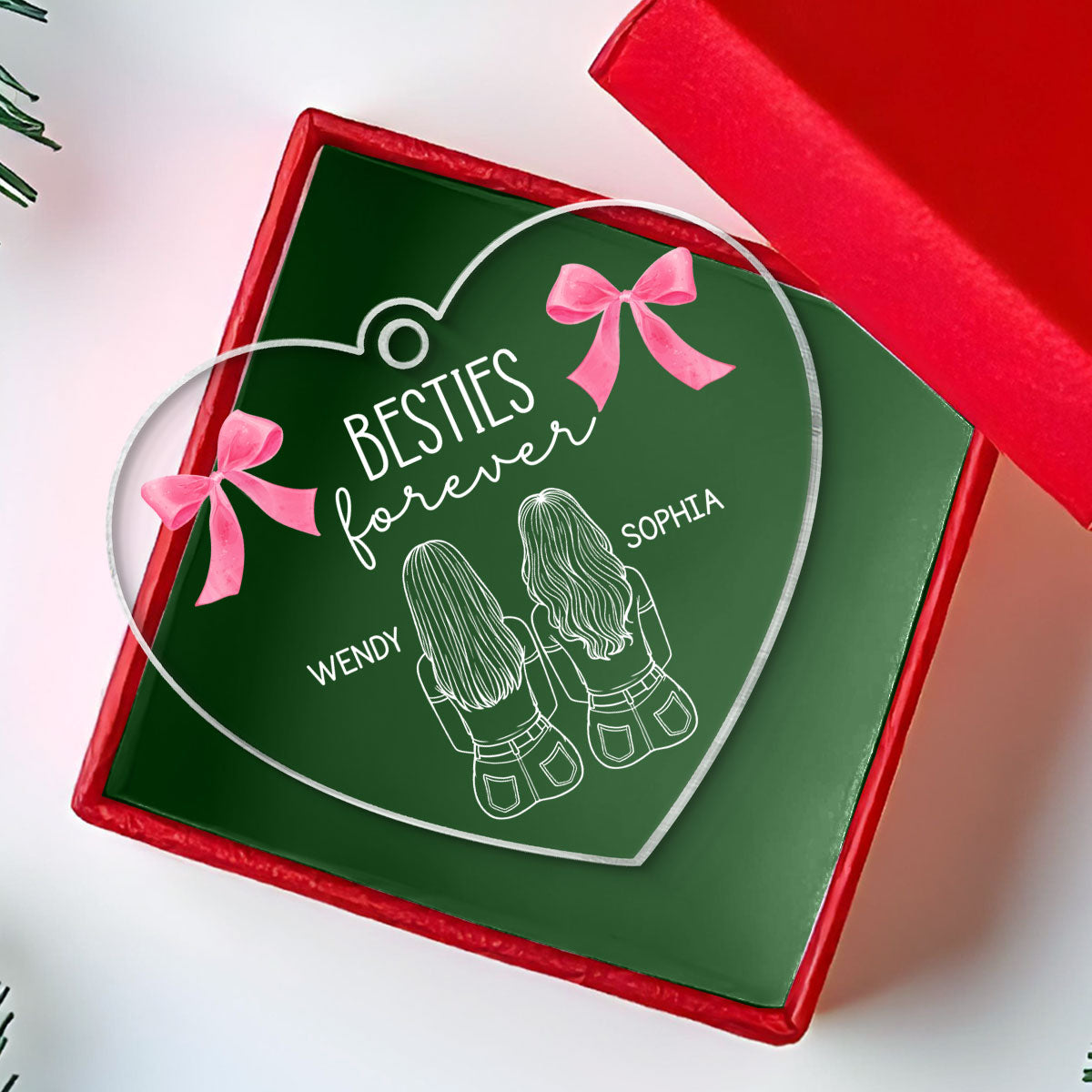 Besties Sisters Sitting Back View Outline Christmas Coquette Personalized Acrylic Ornament