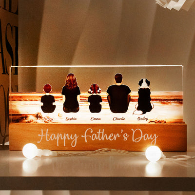 Family Sitting Retro Vintage Beach Landscape - Personalized Acrylic Block Plaque LED Night Light - Gift For Dad, Gift For Husband, Gift For Grandpa