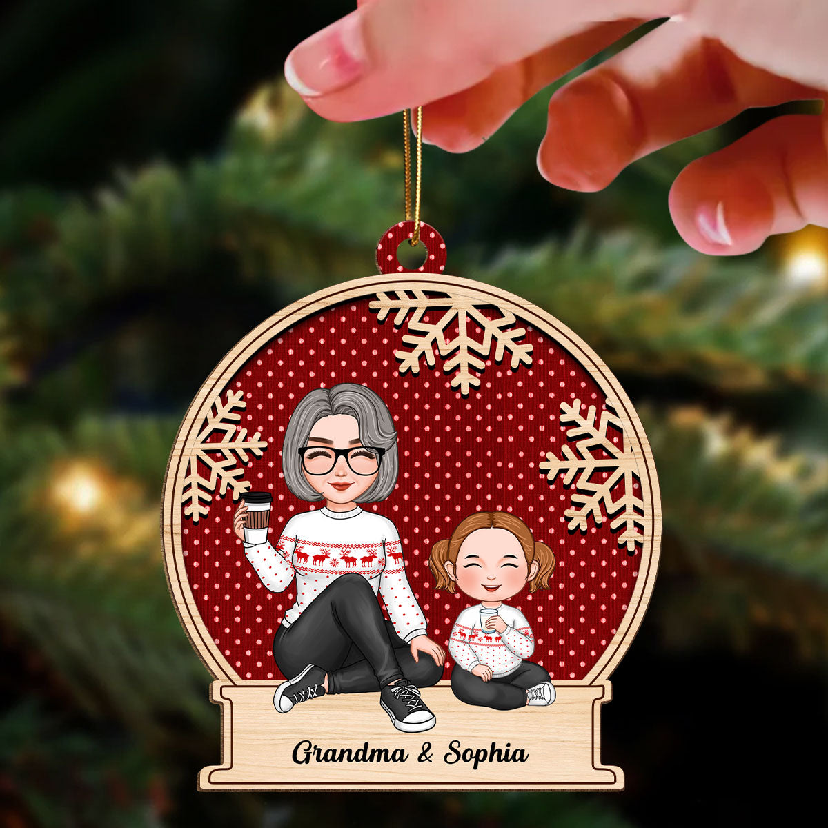 Cute Grandma & Grandkid Christmas Gift For Granddaughter Grandson Beautiful Patterns Personalized Wooden Ornament