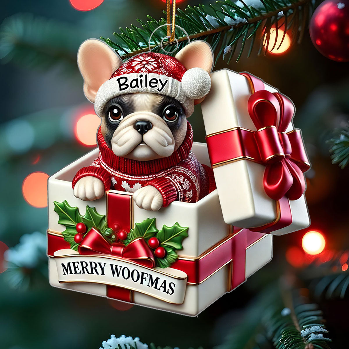 Cute Frenchie Inside Red Gift Box Personalized 2D Flat Acrylic Ornament, Christmas Gift for Dog Lovers