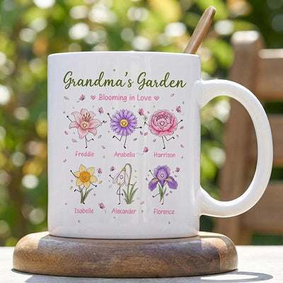 Grandma's Garden Cute Doodle Birth Month Flowers - Personalized Mug - Gift For Grandma