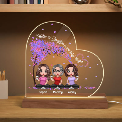 Doll Mother Daughters Under Tree Personalized Heart Shaped Acrylic Plaque With LED Night Light