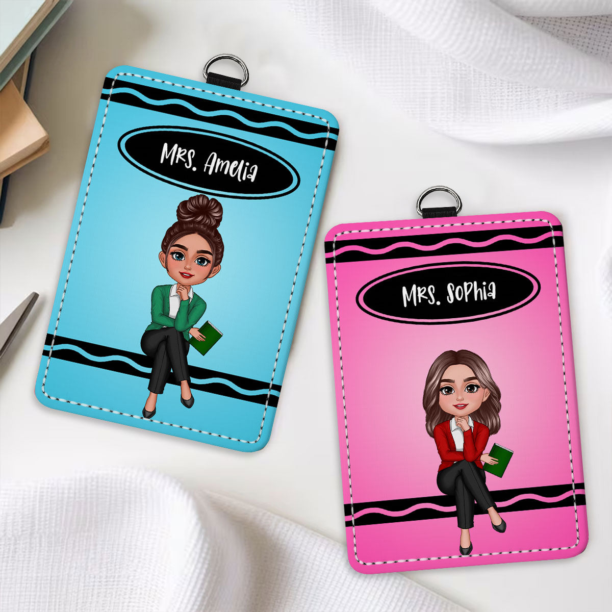 Crayon Themed Teacher Sitting Personalized ID Badge Holder, Back To School Gift