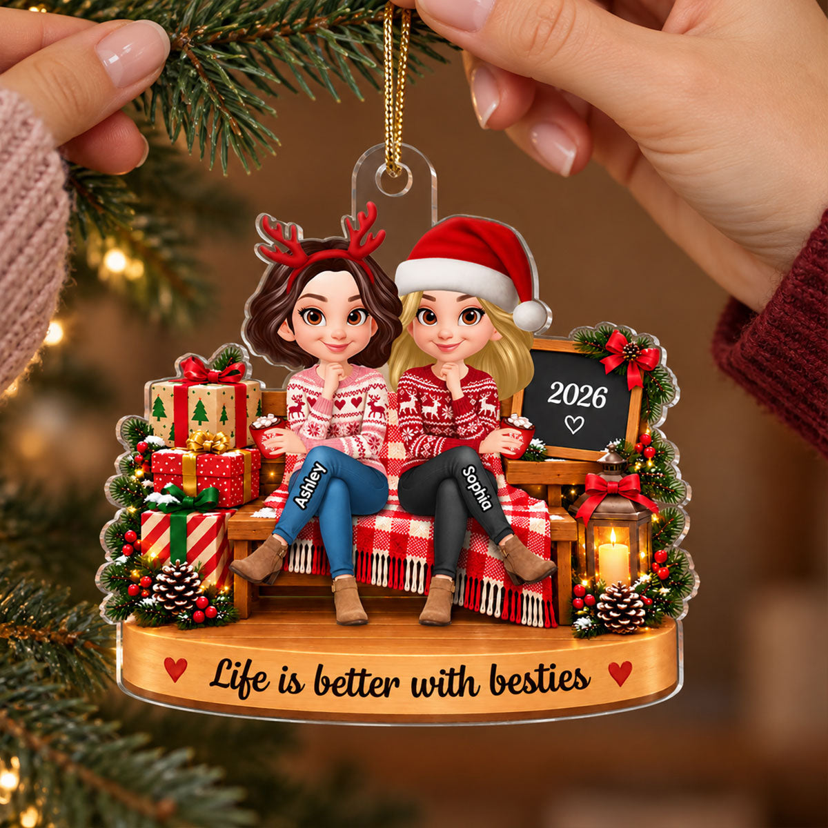 Christmas Besties Cozy Bench 2D Flat - Personalized Acrylic Ornament - Christmas Gift For Besties, Sisters