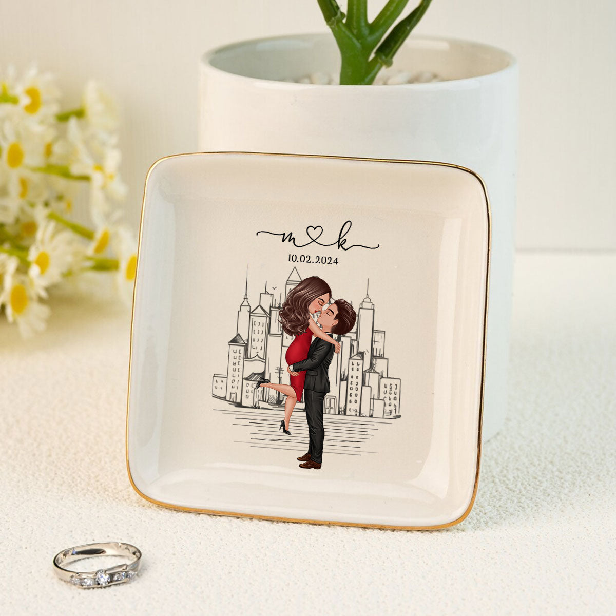 Couple Hugging Kissing Outline Landscape Personalized Jewelry Dish, Gift for Her