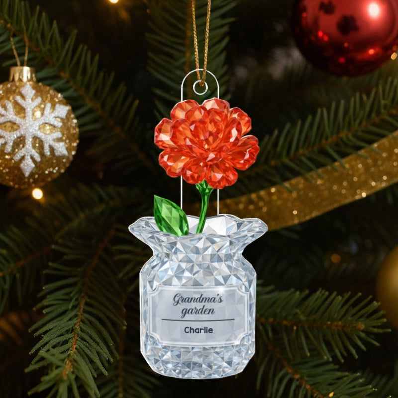 Grandma's Garden Birth Month Flower Vase 3D Crystal Effect, Personalized Acrylic Ornament, Christmas Gift Grandma