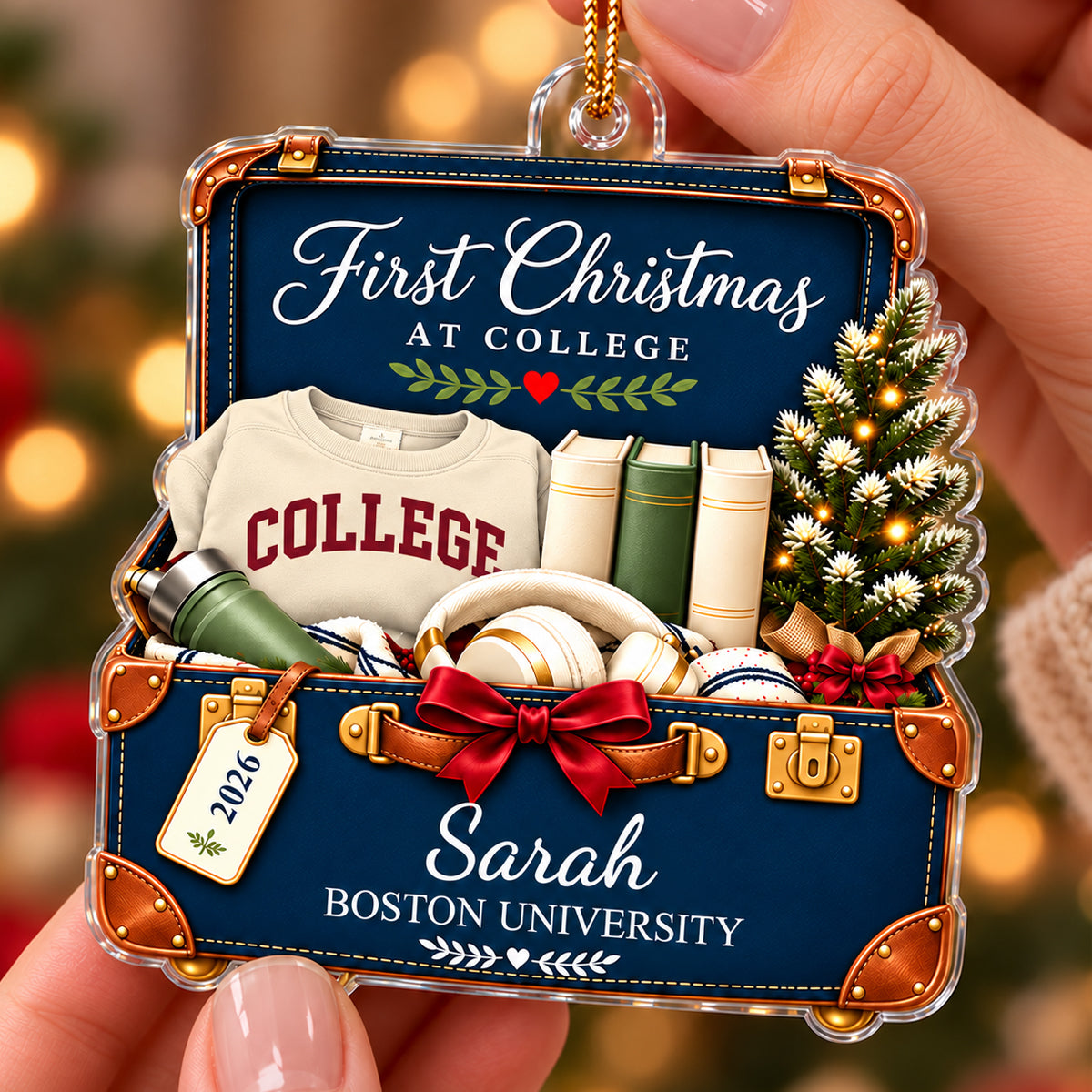 First Christmas at College Suitcase 2D Flat - Personalized Acrylic Ornament – Custom Name & School Christmas Gift for College Freshman
