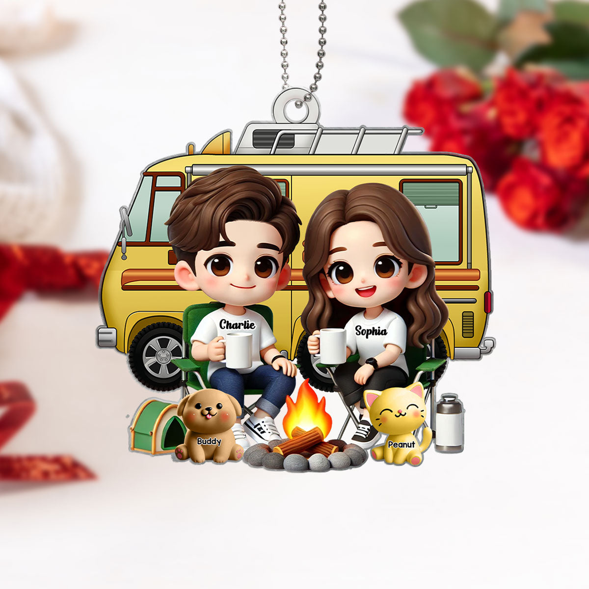3D Effect Cute Cartoon Camping Couple And Dogs Cats Personalized Acrylic Car Hanger, Rear View Mirror, Valentine's Day, Anniversary, Birthday Gift for him, for her