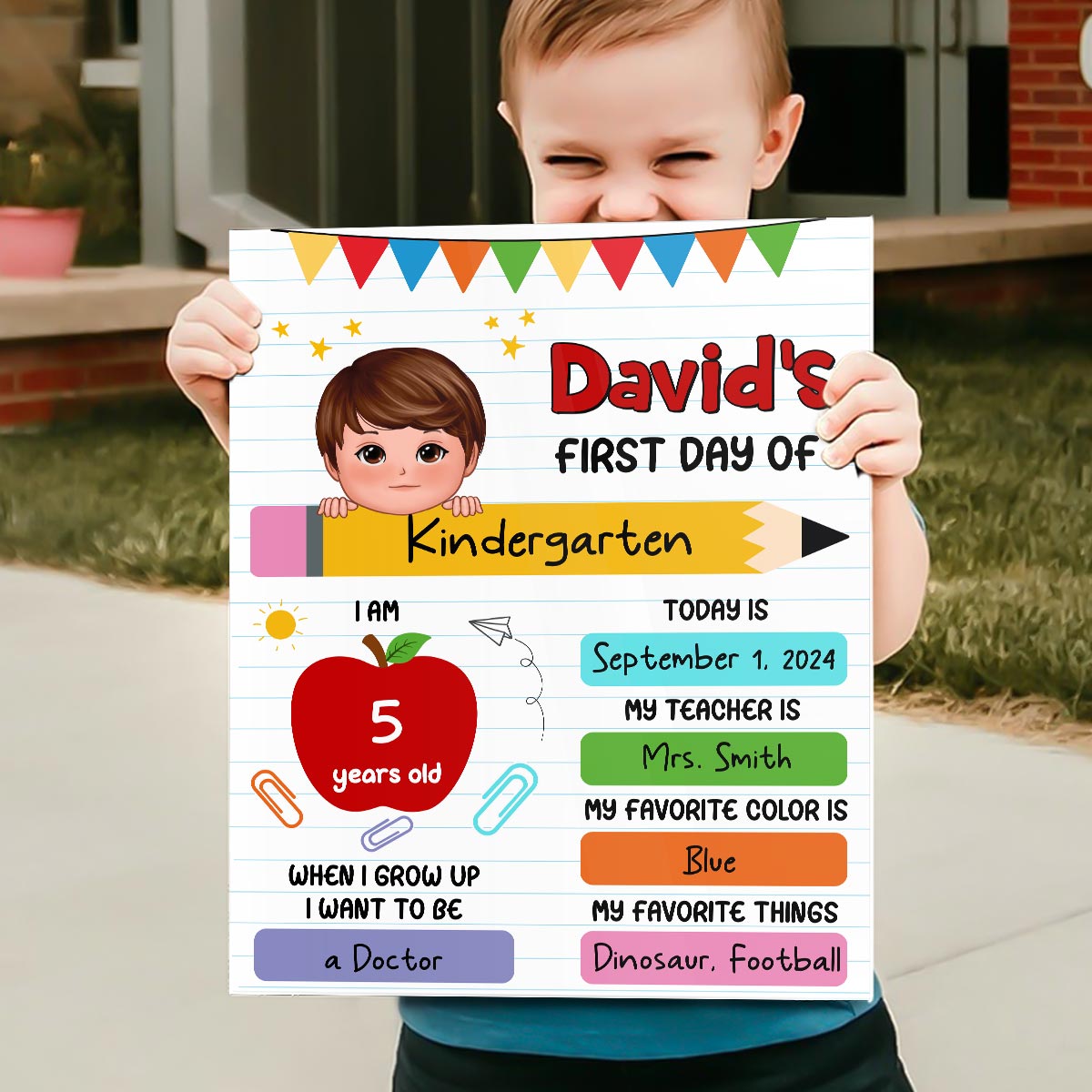 Cute Kid First Day Of School Personalized Board Sign, Editable, Reusable Back To School Sign