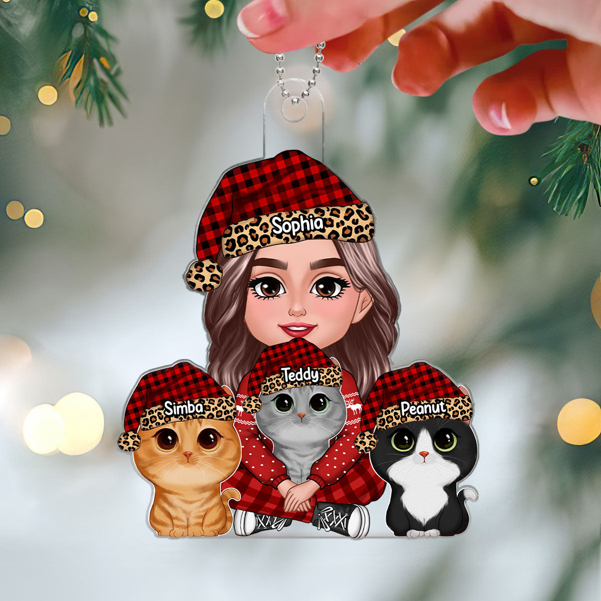Leopard Checkered Cat Mom Christmas Gift Personalized Acrylic Ornament