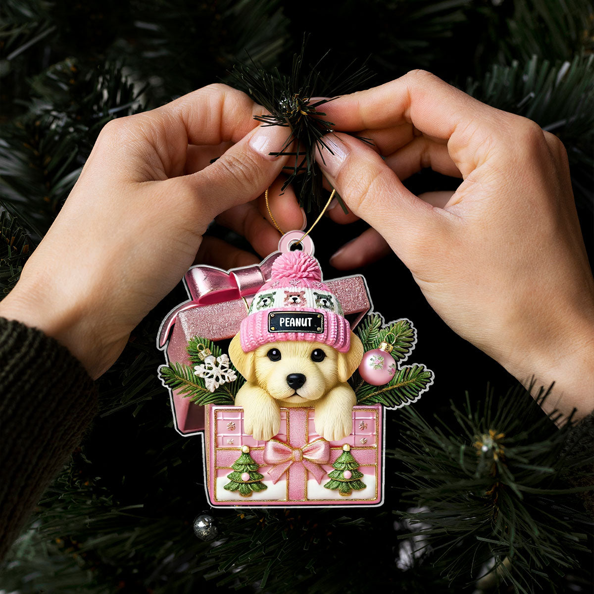 Cute Labrador Dog Inside Gift Box Personalized 2D Flat Acrylic Ornament, Christmas Gift for Dog Lovers