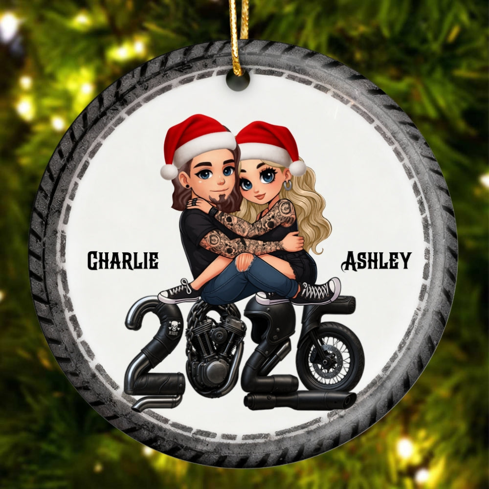 3D Effect Biker Couple Christmas - Personalized Ceramic Ornament - Gift For Bikers, Gift For Him, For Her