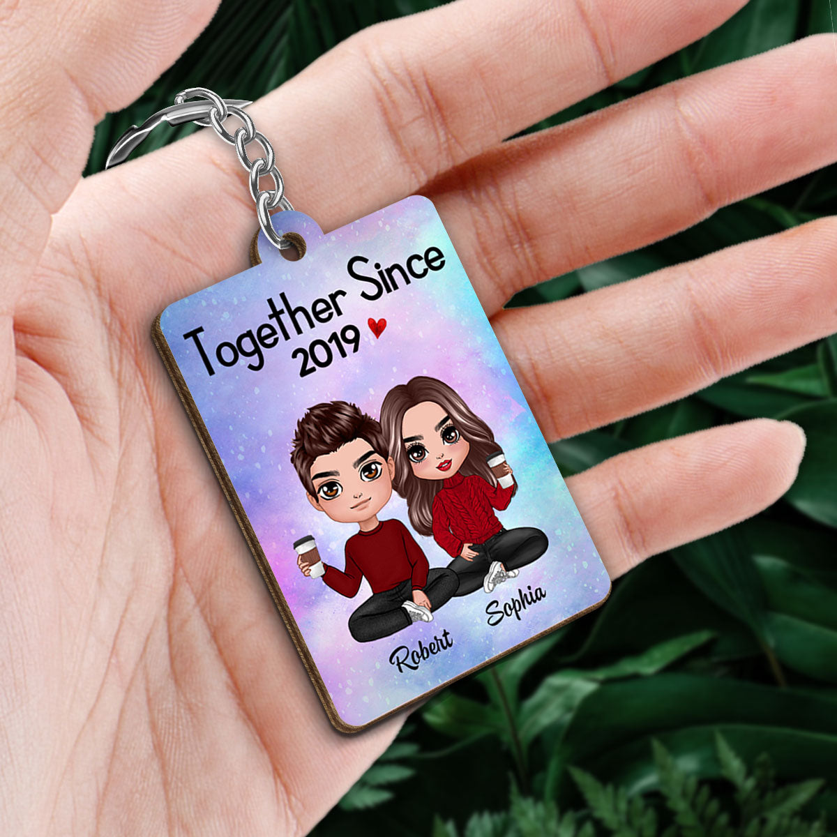 Doll Couple Sitting Together Since Favorite Song Scannable QR Code Personalized Wooden Keychain