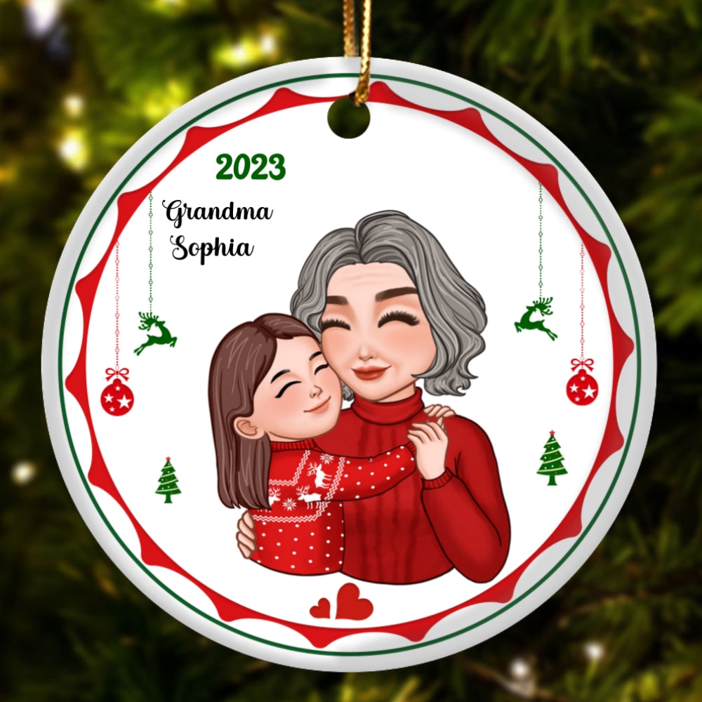Cute Grandkid Hugging Grandma Christmas Gift Personalized Circle Ornament