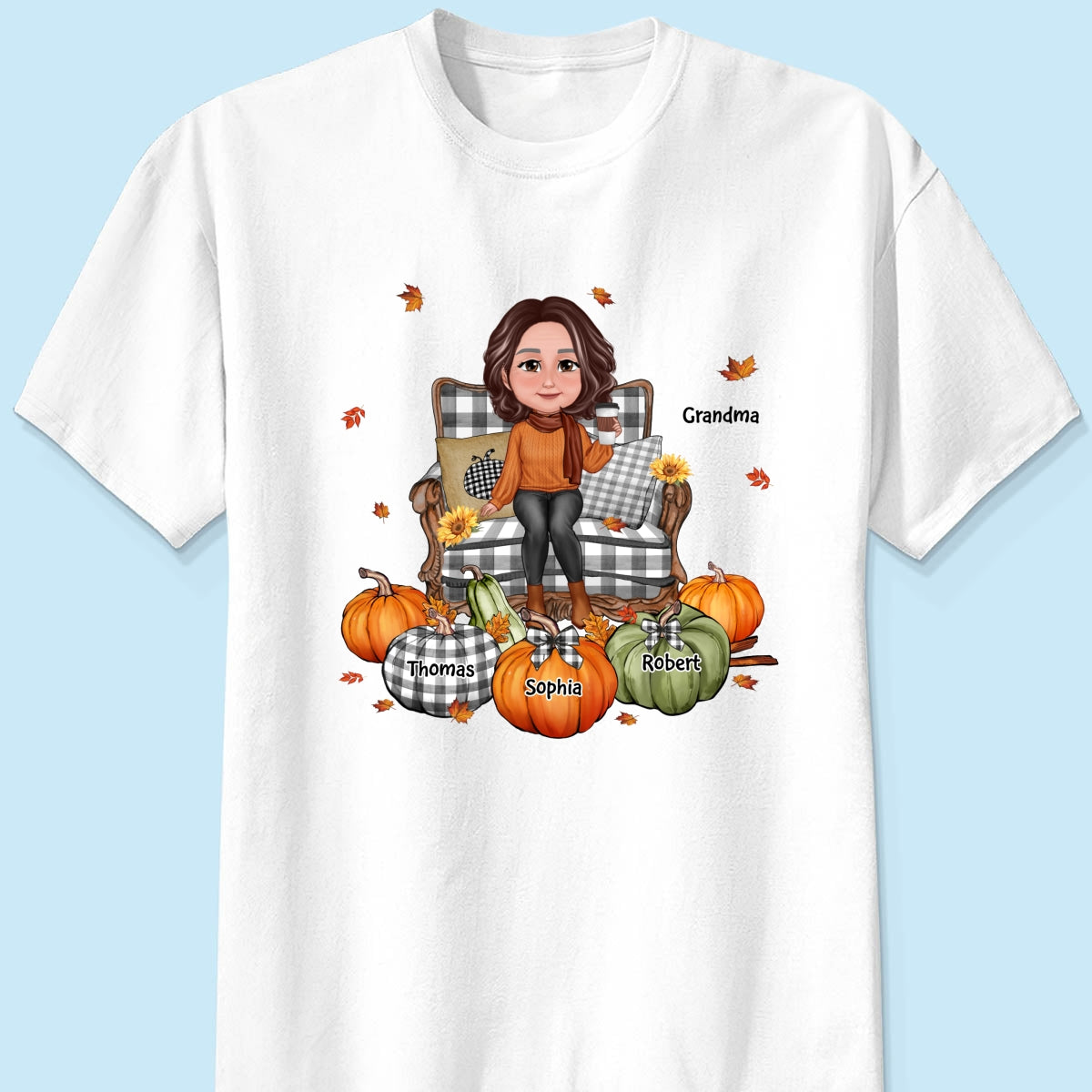 Grandma Sitting On Chair Pumpkins Personalized Shirt