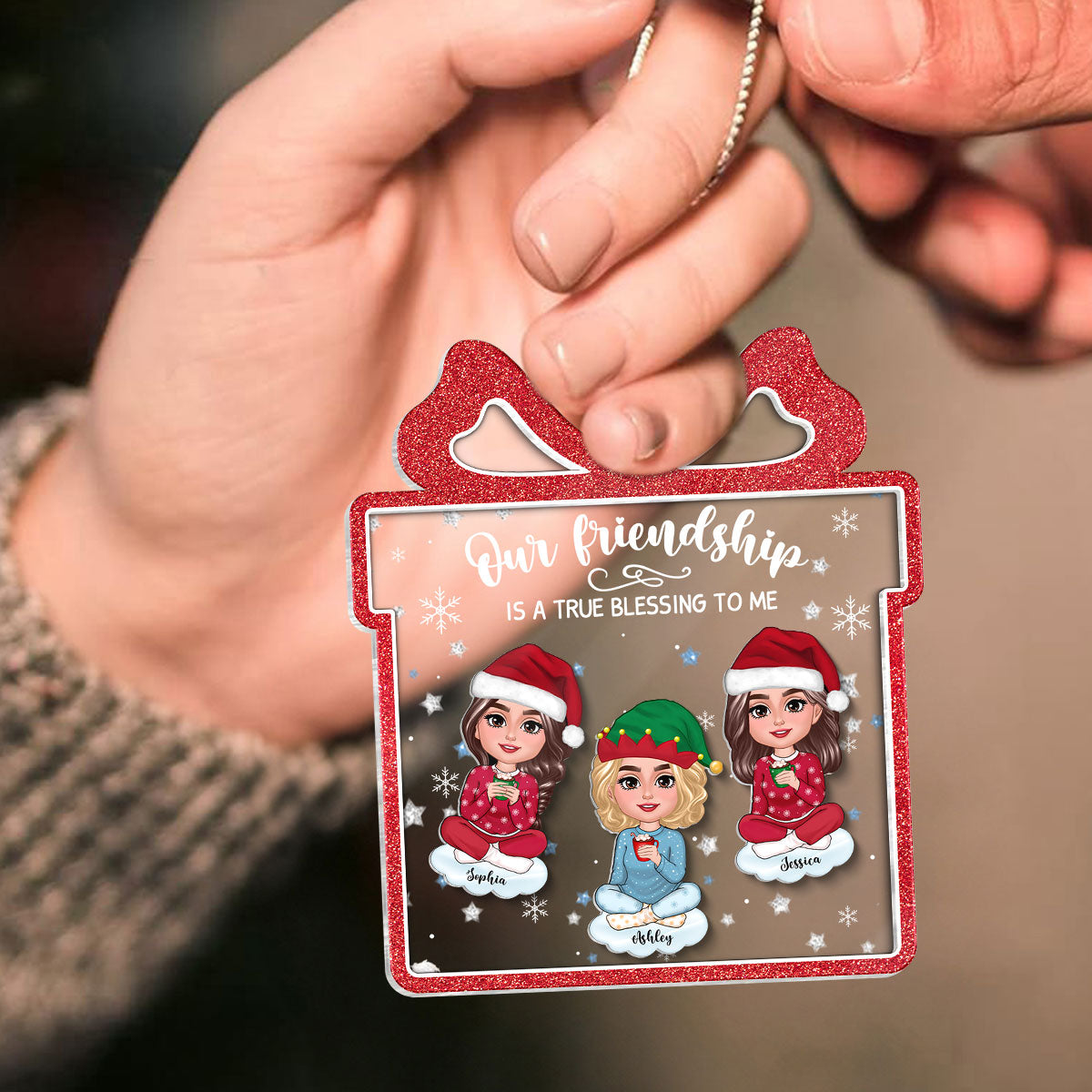 Our Friendship Is True Blessing Gift Shaped Personalized Shaker Ornament, Christmas, Christmas Gift For Friends