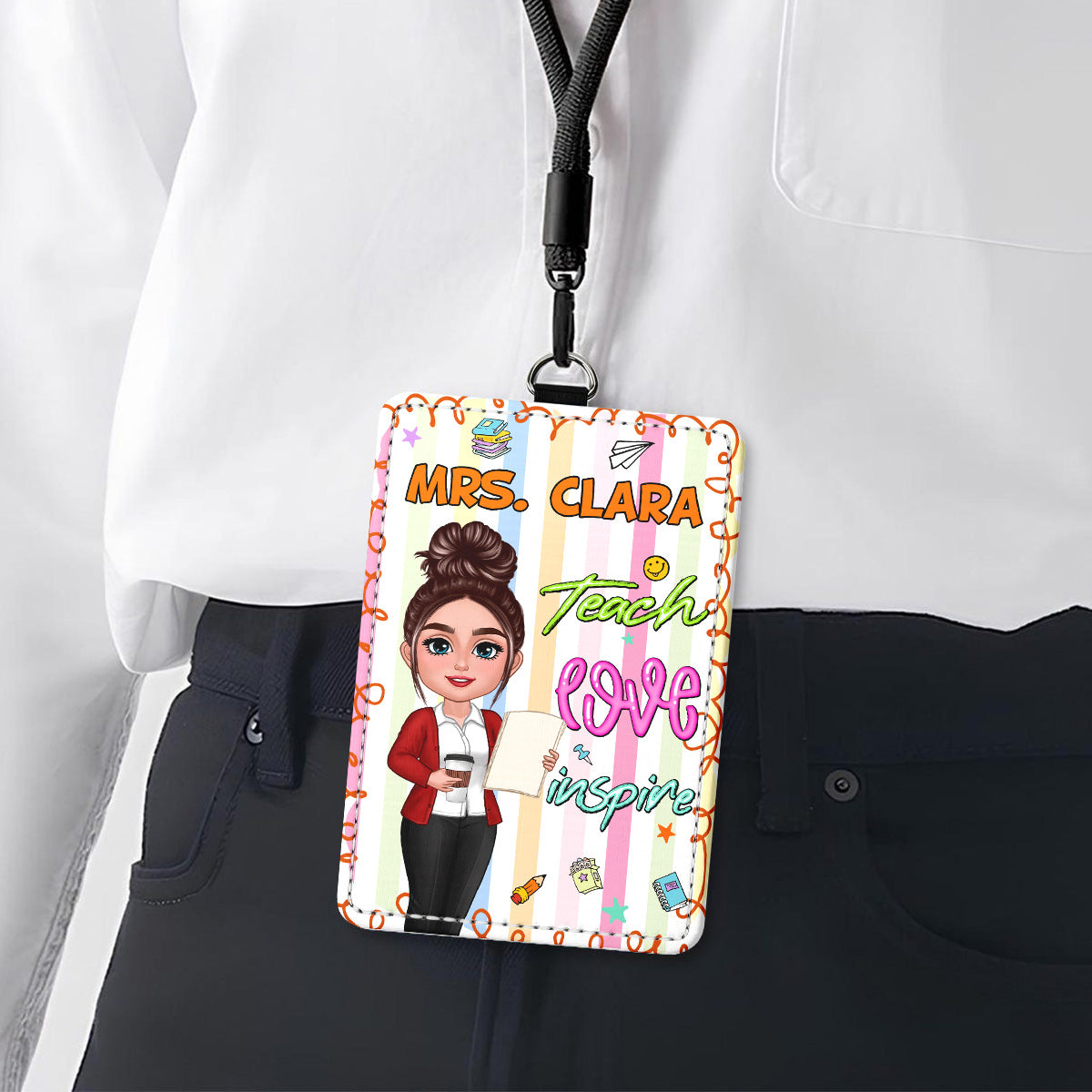 Teach Love Inspire Preppy School Teacher Personalized ID Badge Holder, Back To School Gift For Teacher
