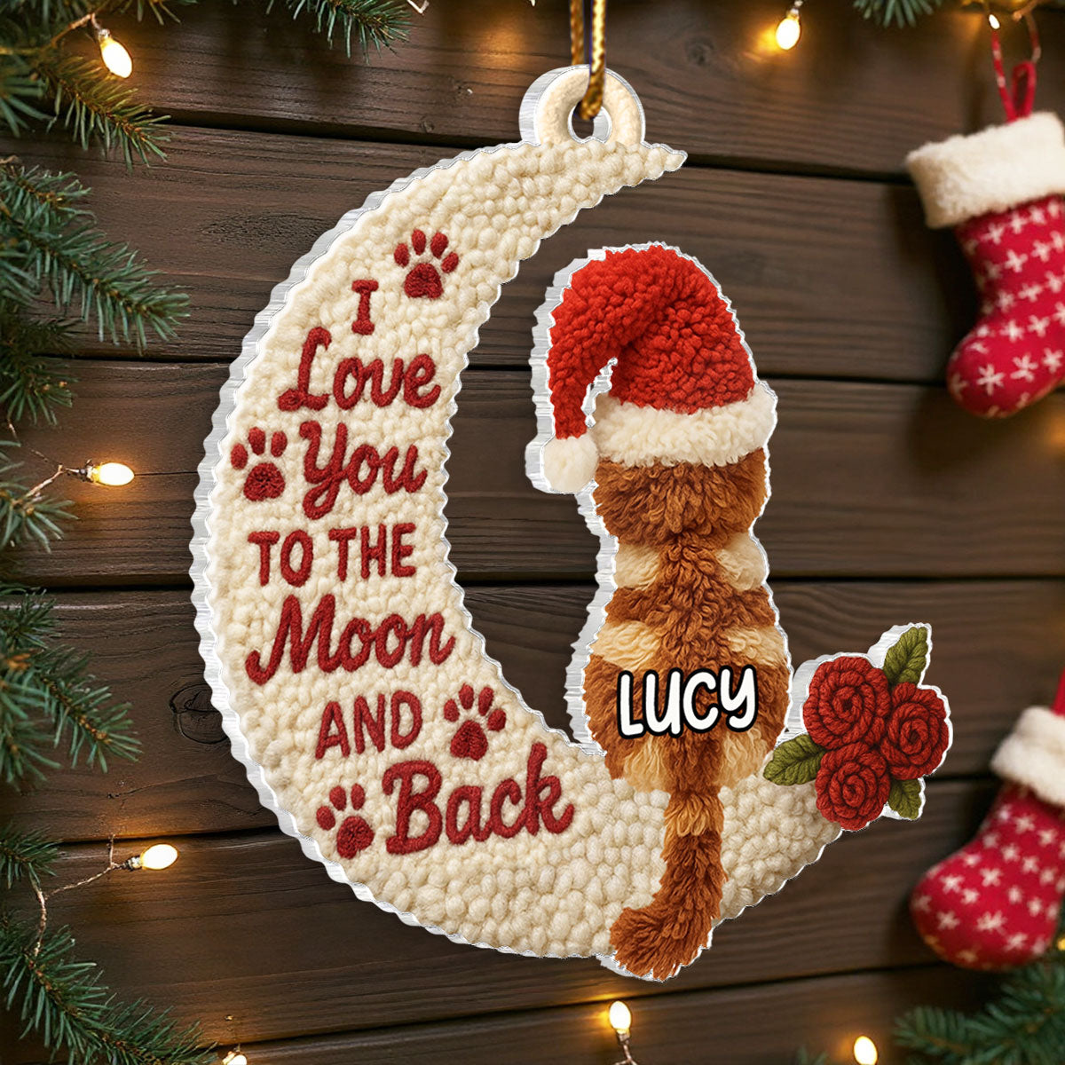 Love My Cats to the Moon and Back Latch Hook Yarn Faux - Personalized Acrylic Ornament - Christmas Gift for Cat Lovers