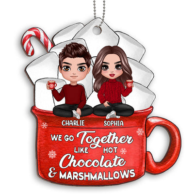 Doll Couple Sitting Hot Chocolate And Marshmallows Personalized Wooden Ornament