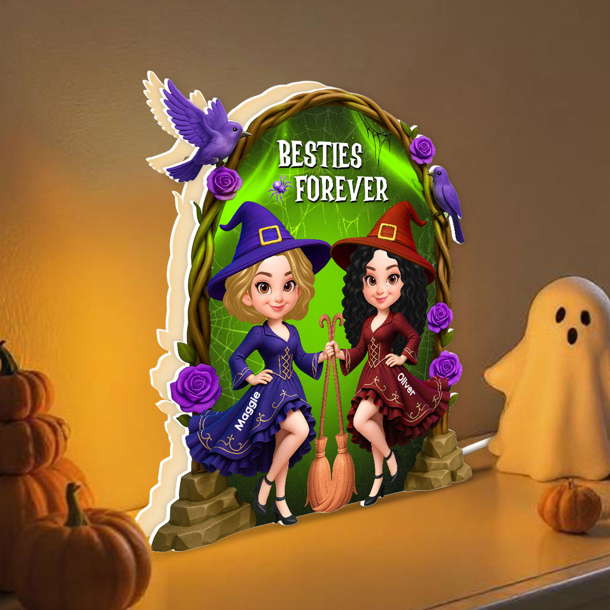 Purple And Green Halloween Gate Besties Sisters Witch Personalized Light Box