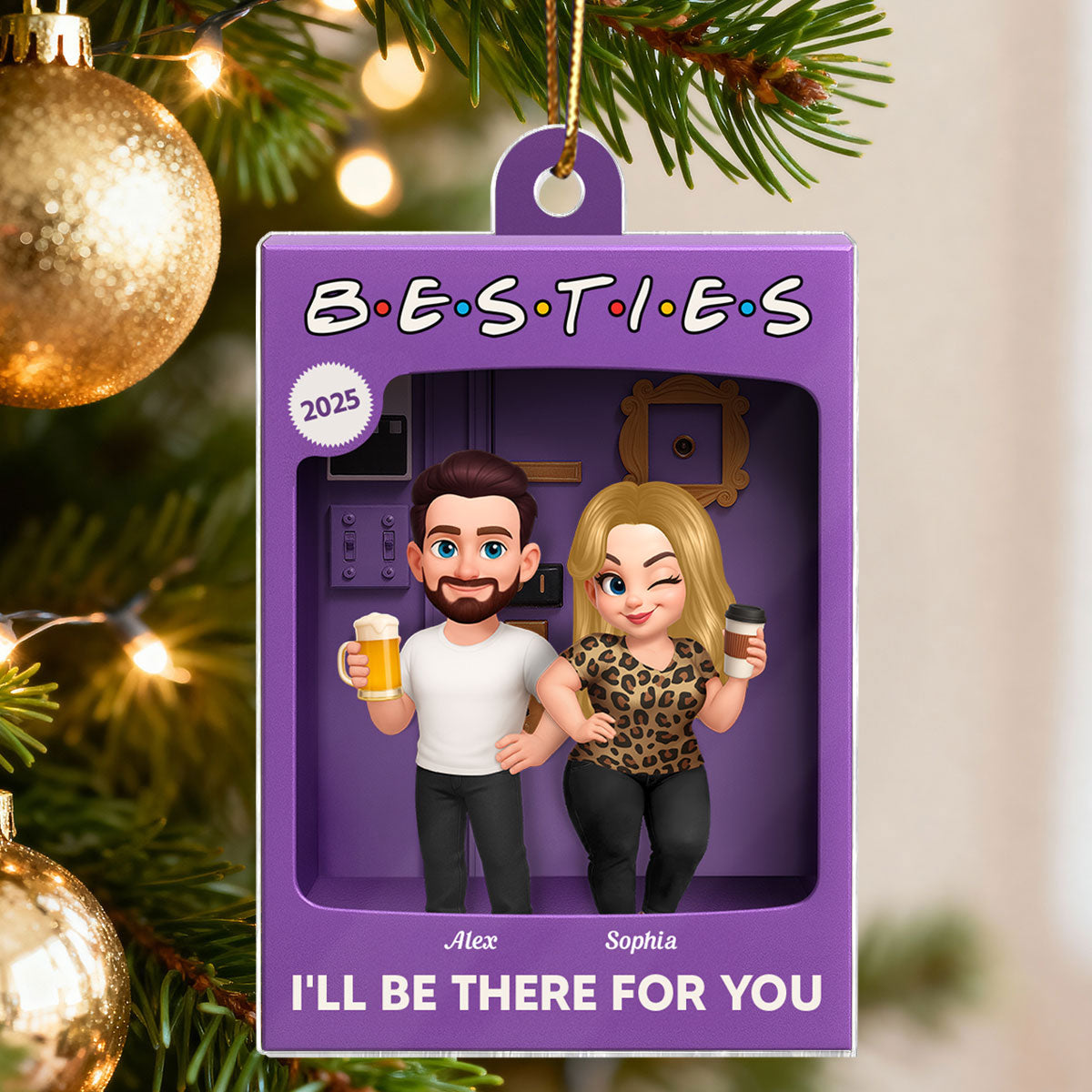 Man Woman Best Friends Purple 3D Effect Toy Box Style - Personalized Acrylic Ornament - Christmas Gift For Friends