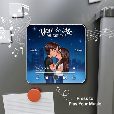 Couple Kissing Neon City Night Skyline Personalized Music Magnet, Anniversary gift for him, for her