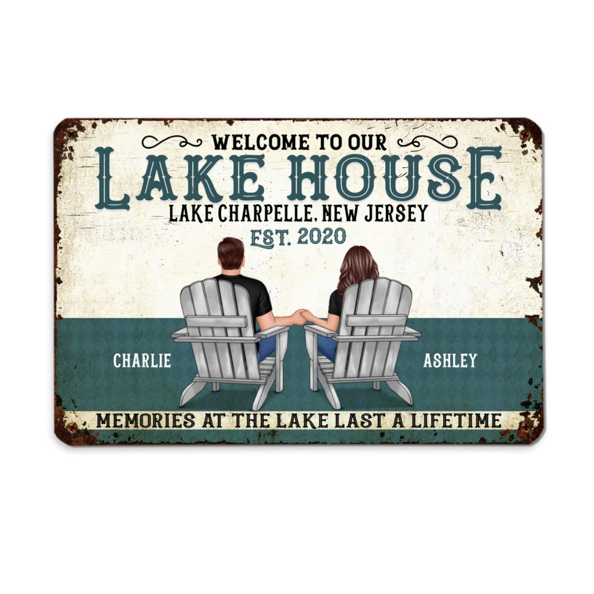 Welcome To Our Lake House Back View Couple Personalized Metal Sign