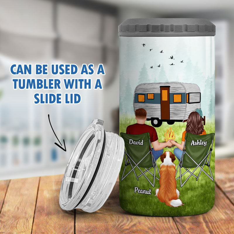 Couple And Dogs Camping Multi Use Tumbler - Personalized 4 In 1 Can Cooler - Christmas Gift For Camping And Dog Lovers