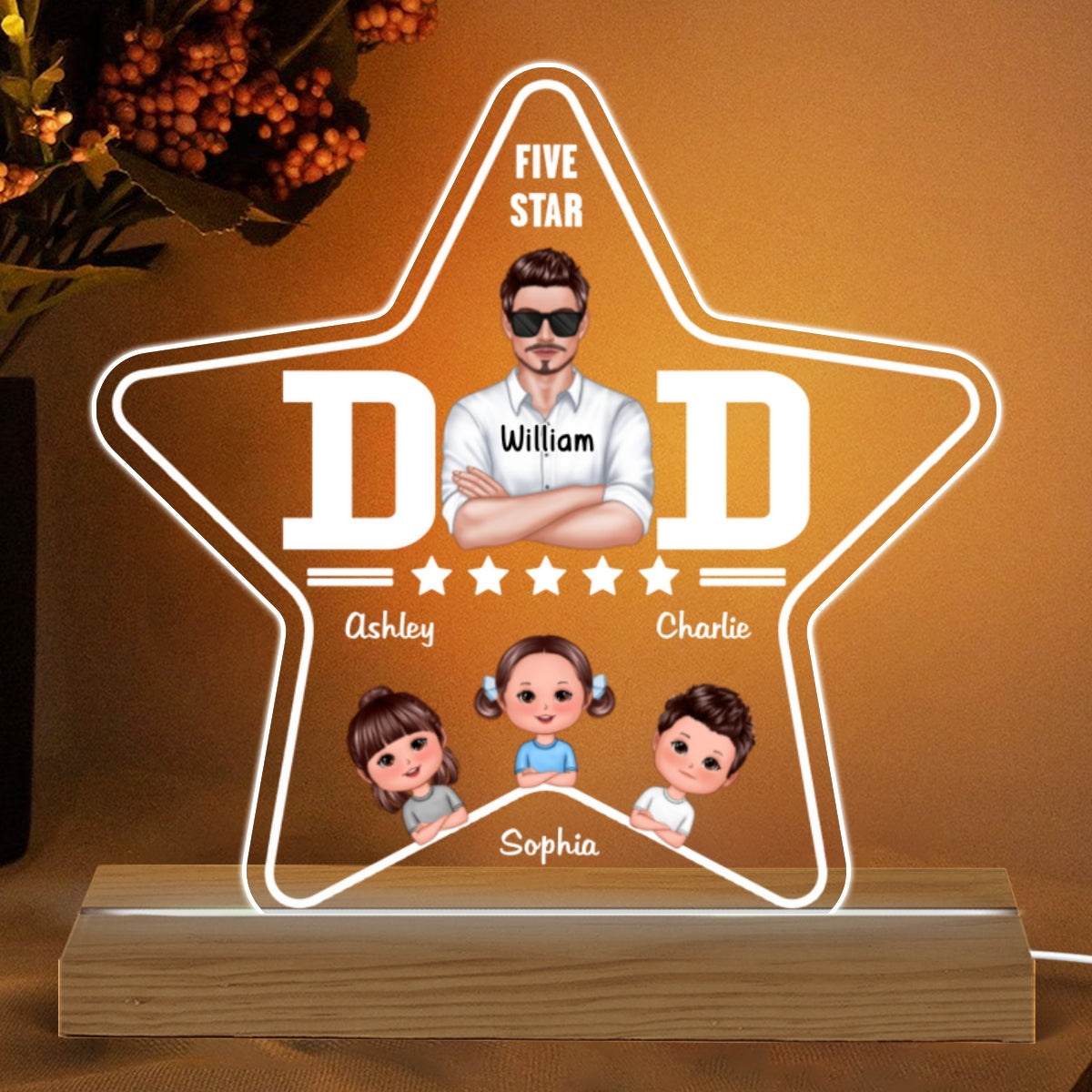 Five - Star Dad Real Man And Kids Personalized Custom Shape Acrylic LED Night Light