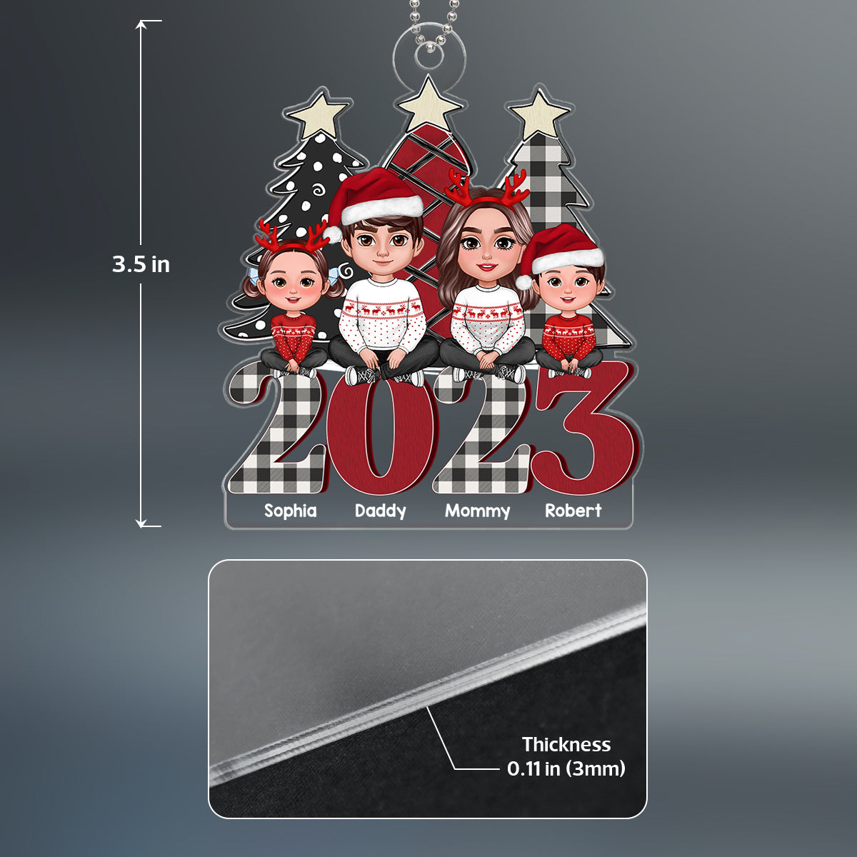Family Sitting Crossed Legs On Buffalo Plaid Red 2023 Personalized Acrylic Ornament