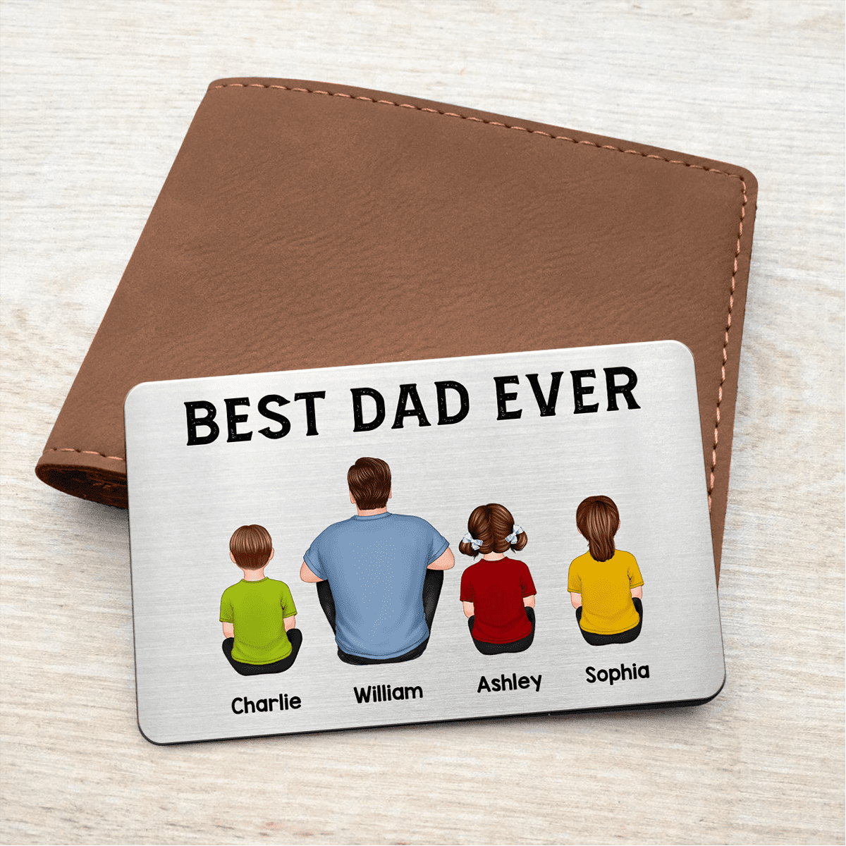 Back View Dad And Kids Dogs Cats Sitting Best Dad Ever Personalized Metal Wallet Card