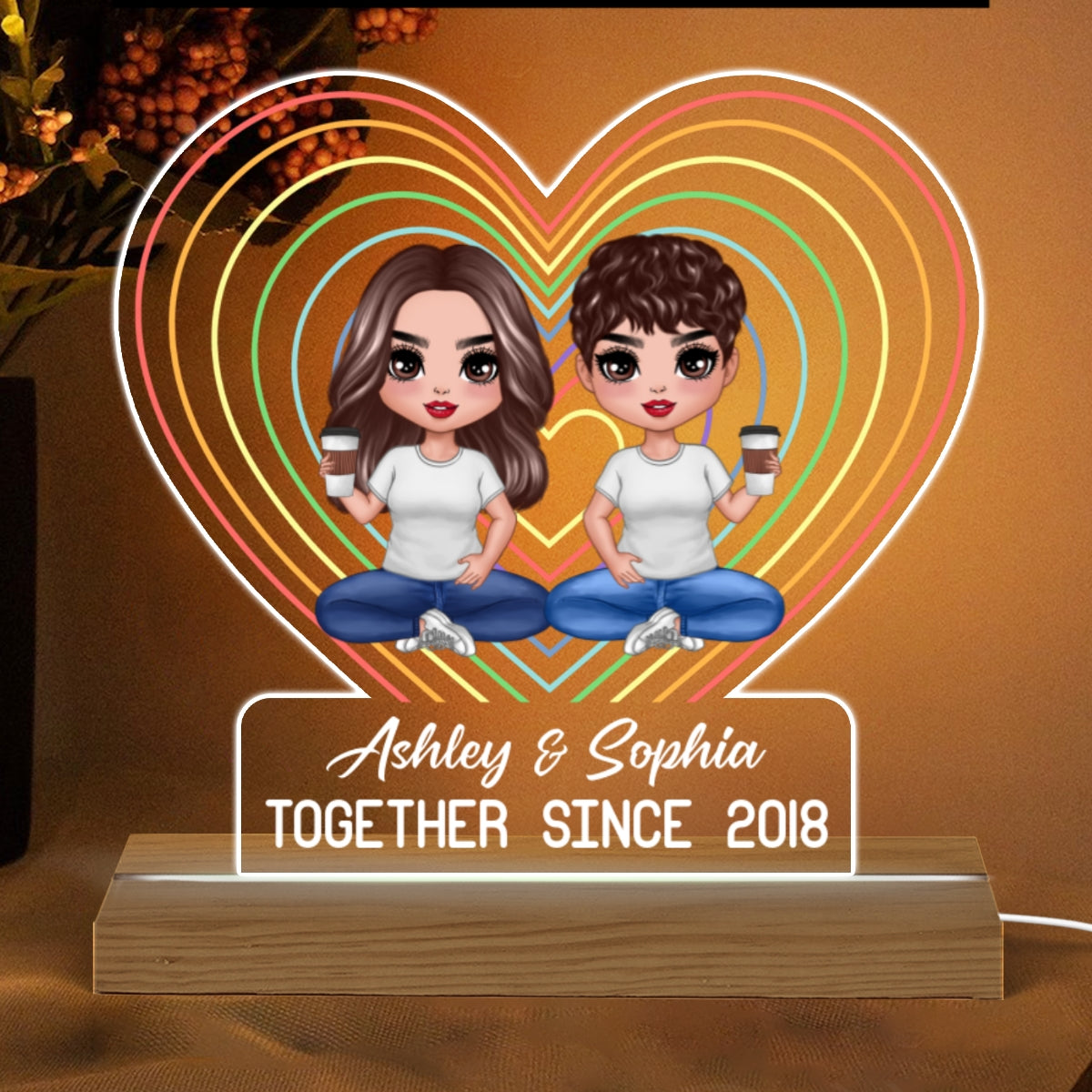 Doll Couple LGBT Rainbow Heart Lights Personalized Custom Shaped Acrylic Plaque With Warm LED Night Light