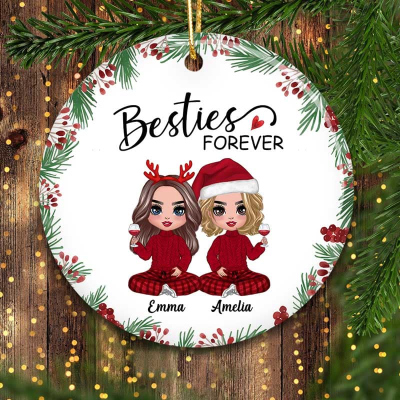 Holly Branch Besties Sisters Checkered Pants Personalized Circle Ornament