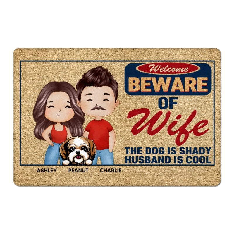 Beware Of Wife Dogs Are Shady Husband Is Cool Watercolor Couple Personalized Doormat