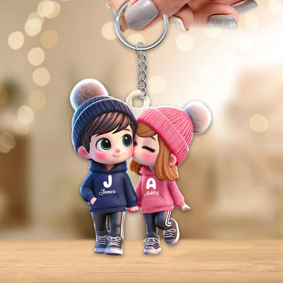 3D Effect Cute Cartoon Couple Walking - Personalized Acrylic Keychain - Unique Valentine's Day Gift For Him, Gift For Her