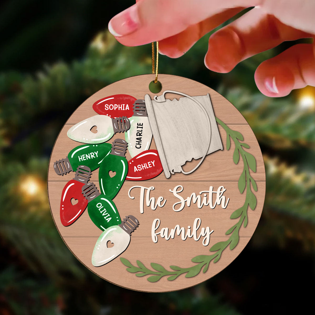 Christmas Light Family Personalized Wooden Ornament