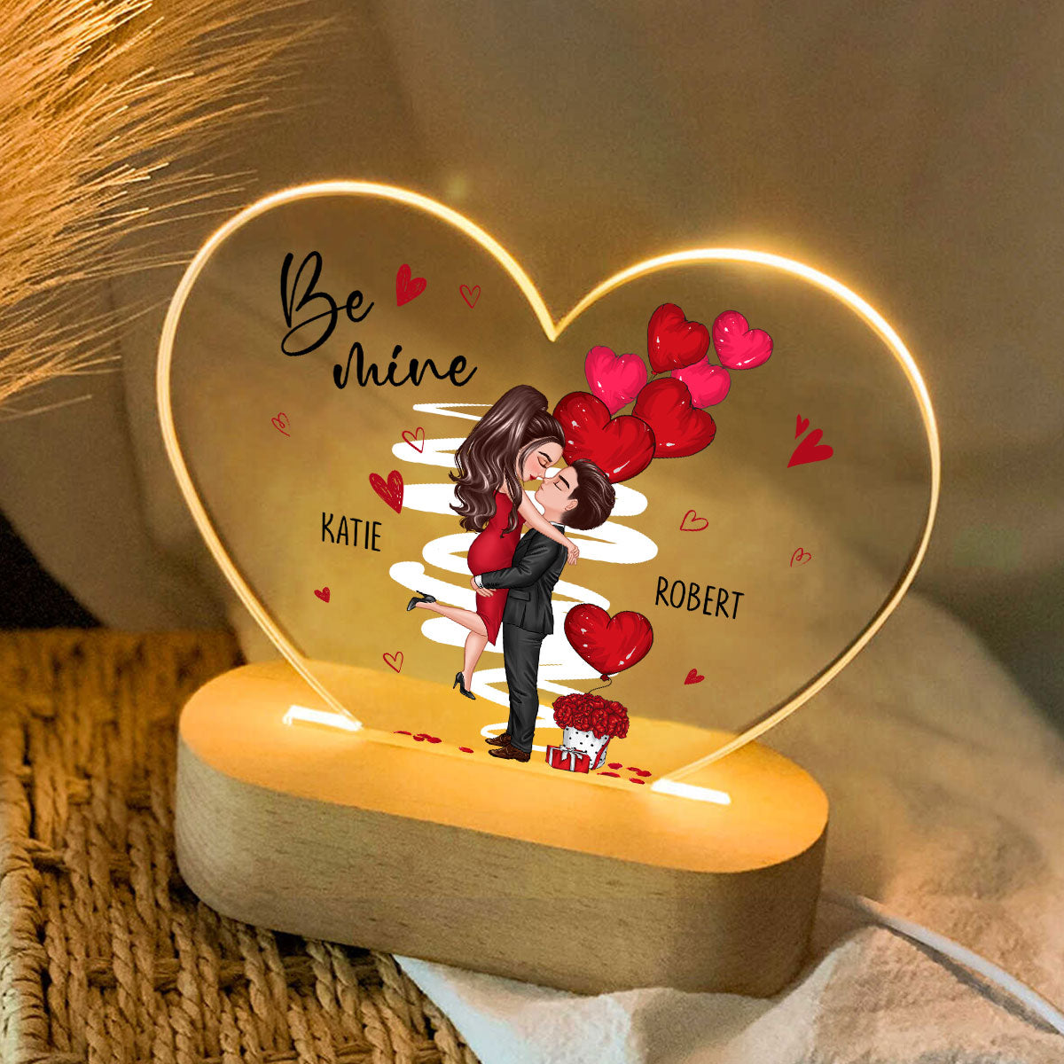 Be Mine Doll Couple Kissing Personalized Heart Plaque LED Night Light - Gift For Him Gift For Her