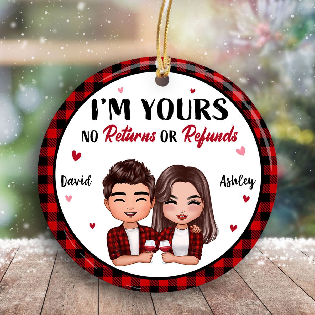 Doll Couple Hugging Holding Drinks Checkered Pattern Christmas Personalized Circle Ornament