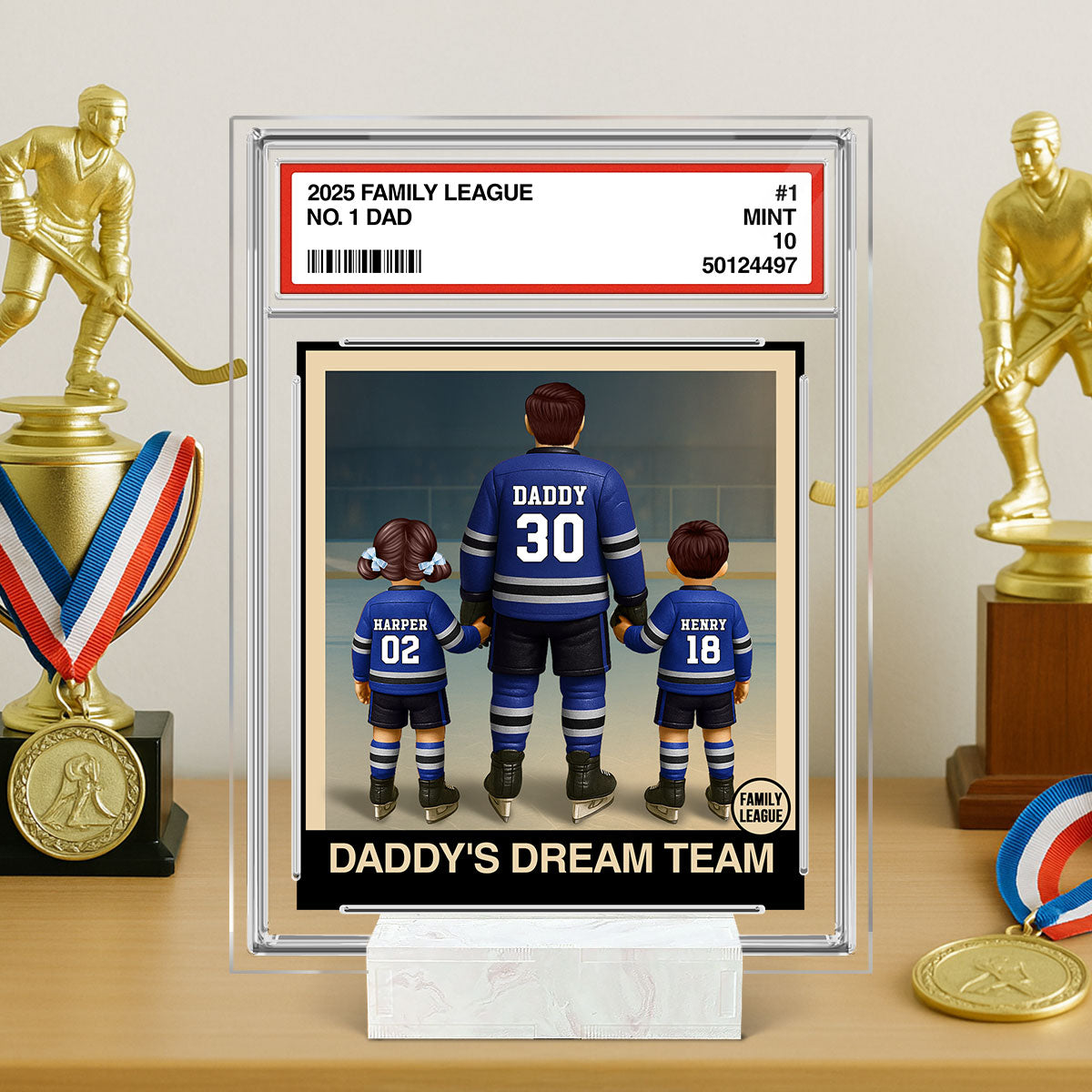 Hockey No. 1 Dad Man & Kids Trading Card Style Personalized Acrylic Plaque