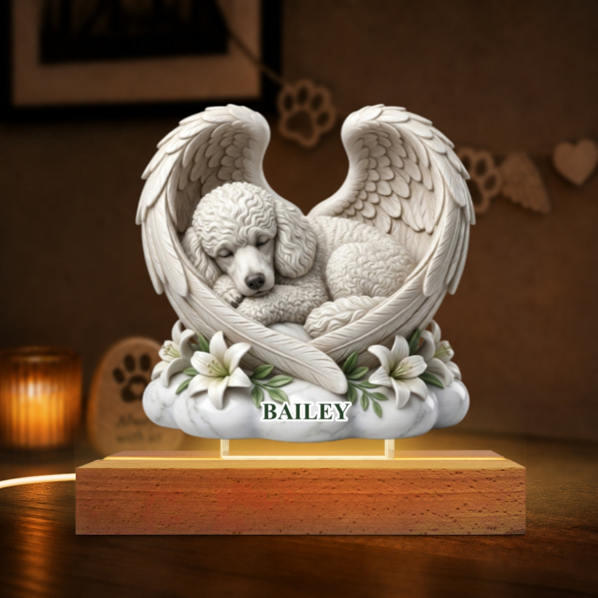 Custom Dog Cat Angel Wings Statue - Personalized Acrylic Block LED Night Light - Heartfelt Pet Memorial Gift