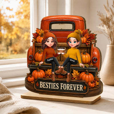 Besties Forever Fall Truck - Personalized 2-Layered Wooden Plaque - Fall Gift For Best Friends
