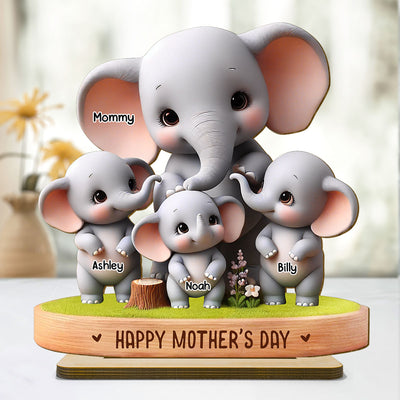 Cute Elephant Mama Grandma With Kids Custom Shaped Personalized Standing Wooden Plaque, Perfect 2025 Gift For Mom, For Grandma