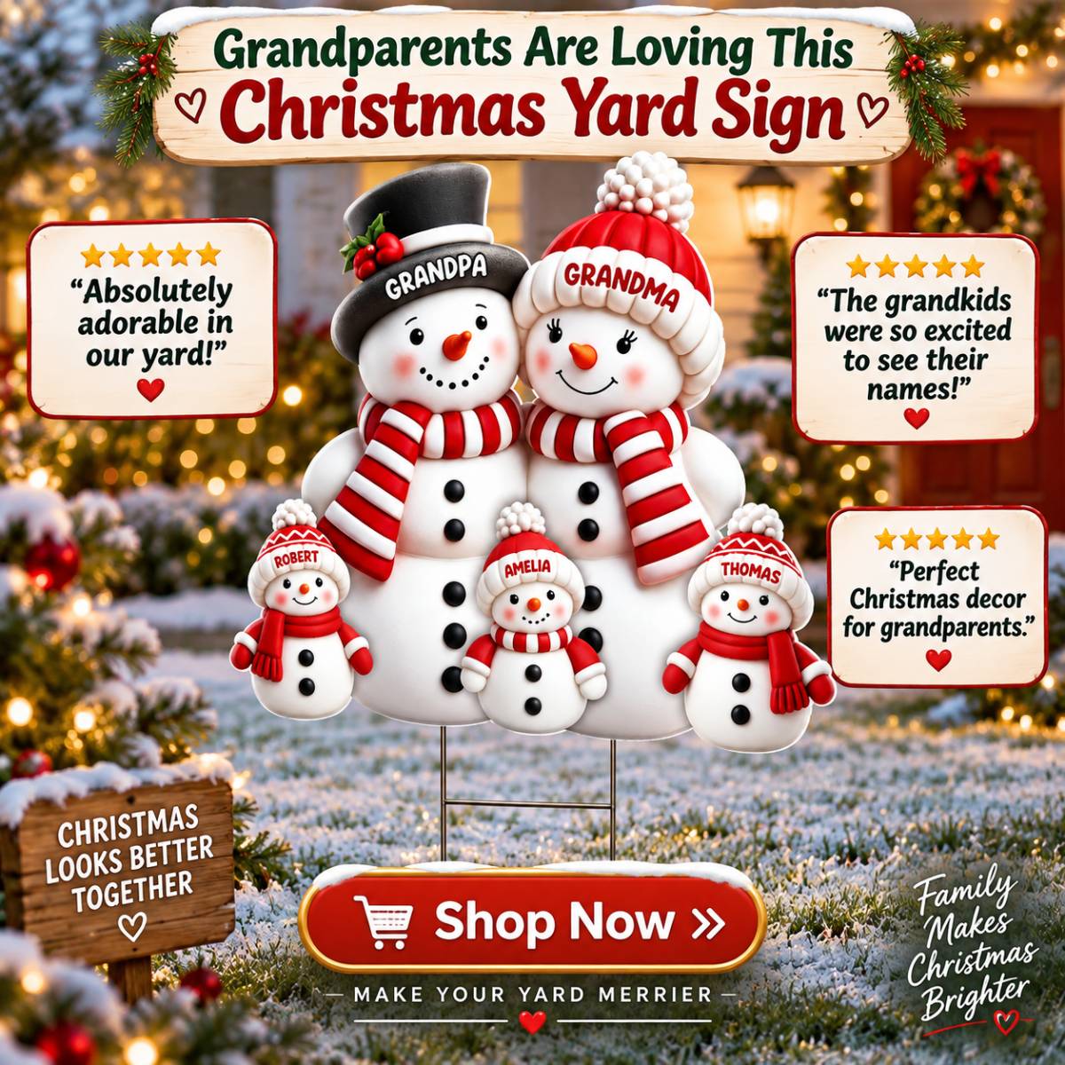 Christmas Cute Snowman Grandpa Grandma Grandkids - Personalized Corrugated Plastic Yard Sign - Christmas Decor For Grandparents (Up to 20 Grandkids)