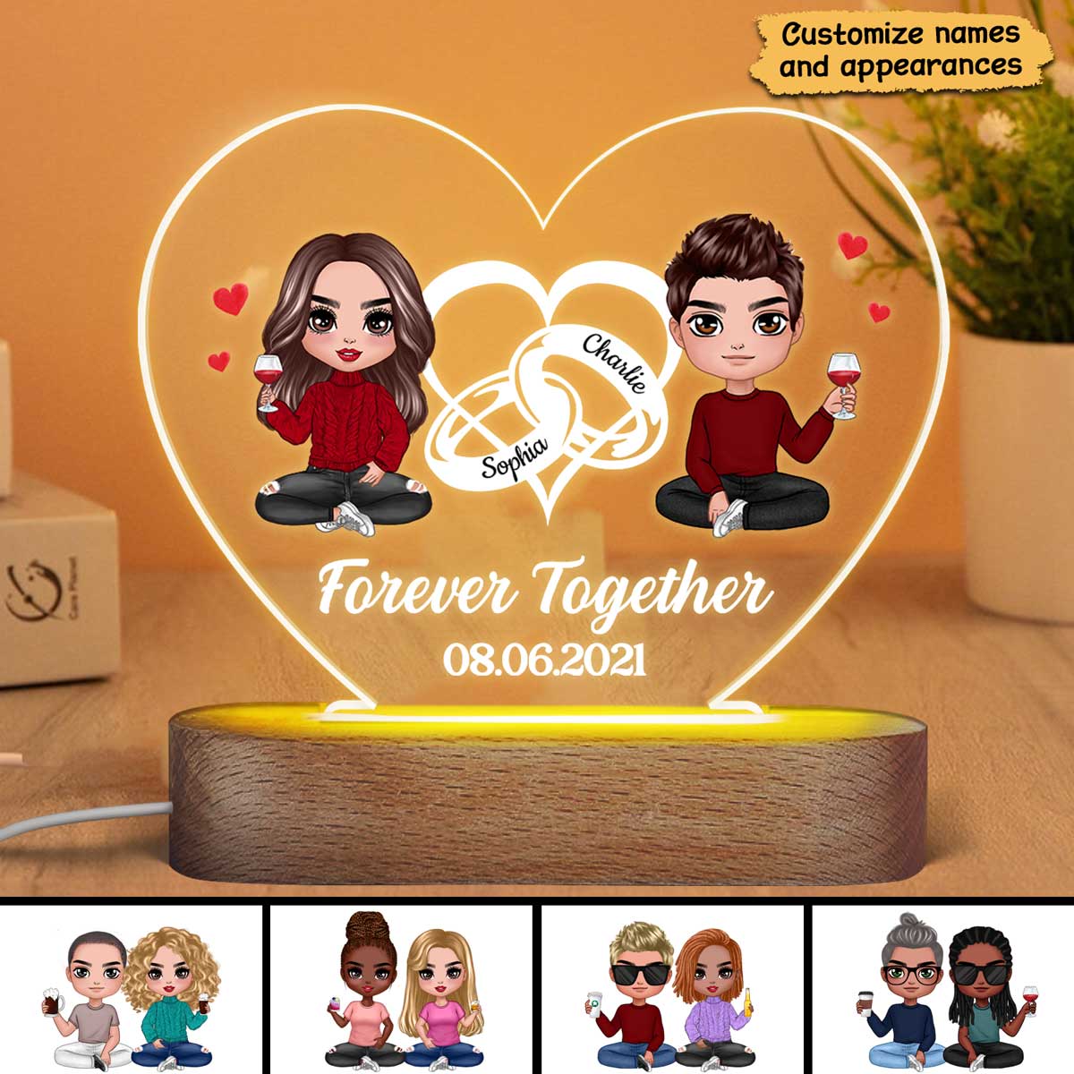 Doll Couple Heart Rings Personalized Heart Plaque LED Night Light